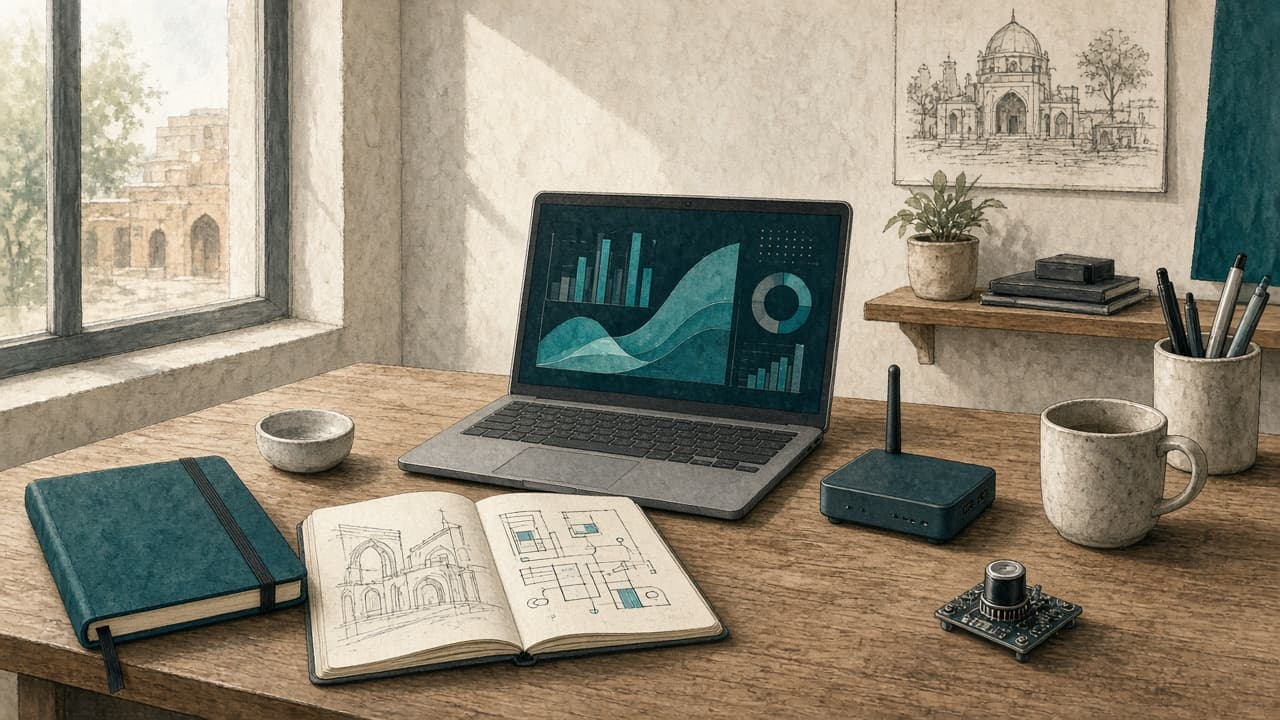 Software work on a real desk: devices, data, and an interface that have to fit together.